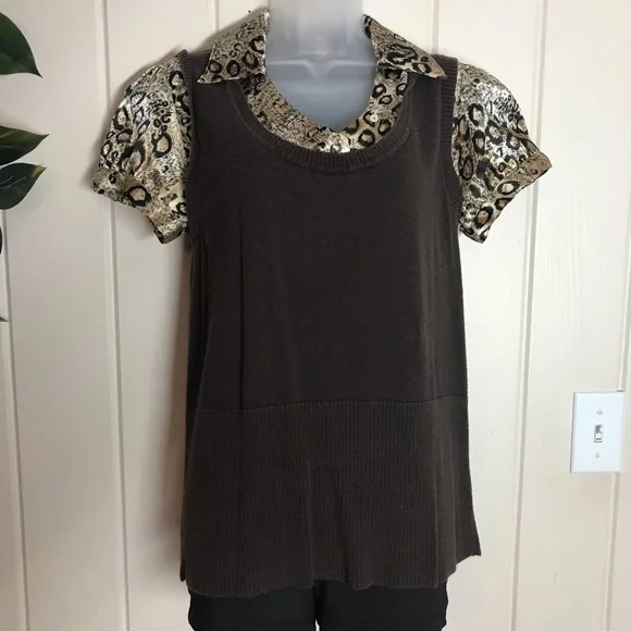 AGB Brown & Cheetah Animal Print Blouse 
Size Large 10 - 12
55% Ramie 45% Cotton - Picture 2 of 12